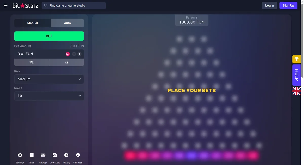 Das Plinko-Fenster bei BitStarz mit Einsatzfeld, Risikostufe, Reihenzahl und dem Nagelfeld