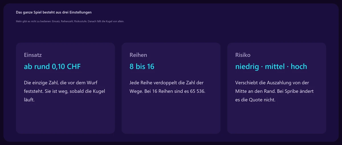 Die drei Einstellungen des Spiels: Einsatz, Reihenzahl und Risikostufe