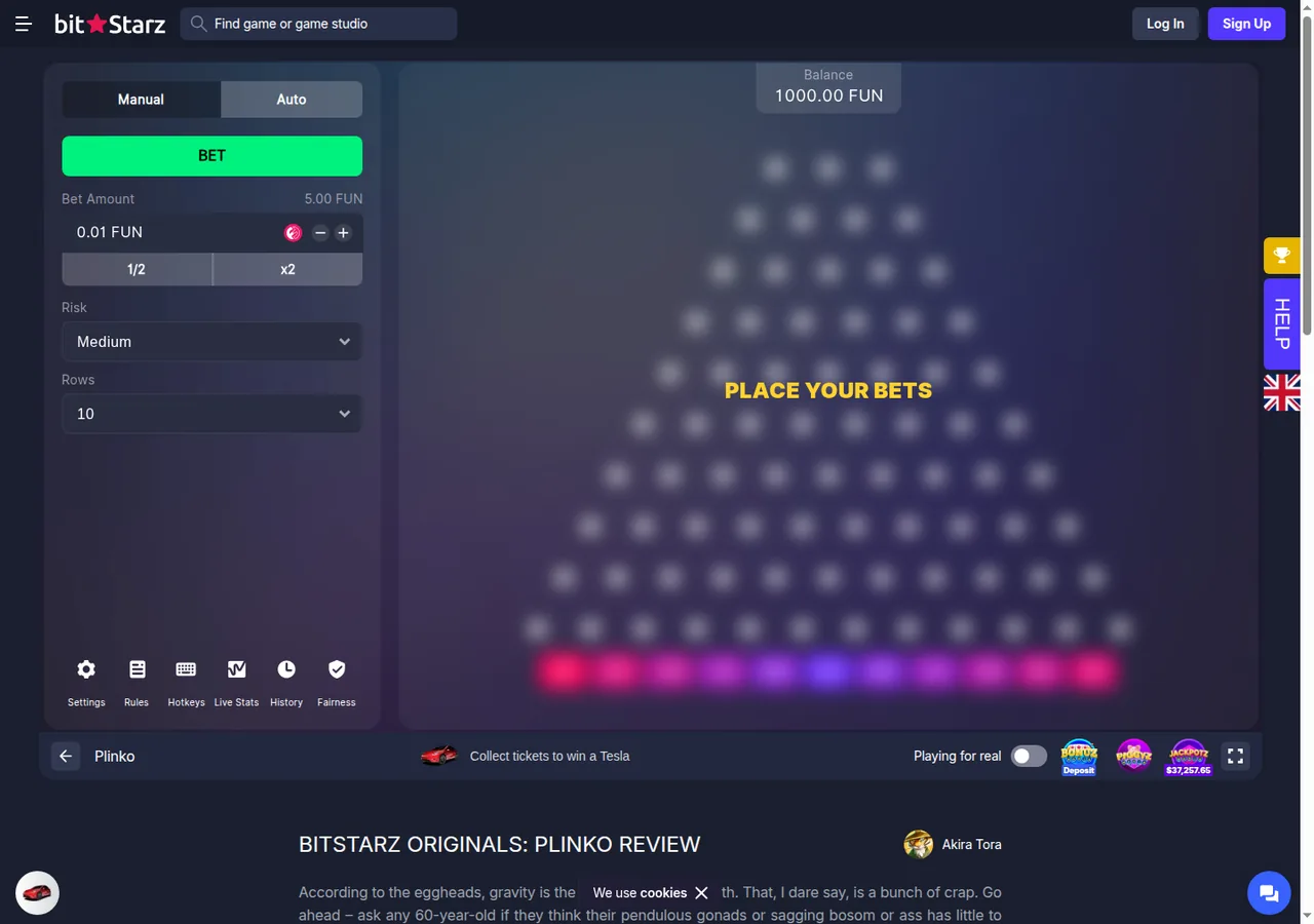 Plinko in der Lobby von BitStarz mit den Einstellungen für Risikostufe und Reihenzahl.