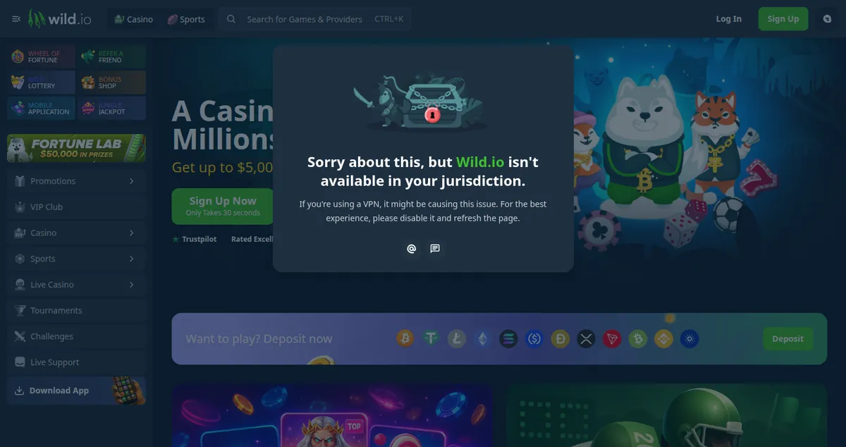 Abweisungsfenster von Wild.io über der geladenen Lobby mit dem Hinweis auf die Gerichtsbarkeit.