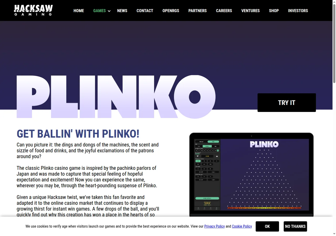 Die Plinko-Seite von Hacksaw Gaming mit einer Abbildung des Spiels auf einem Notebook.