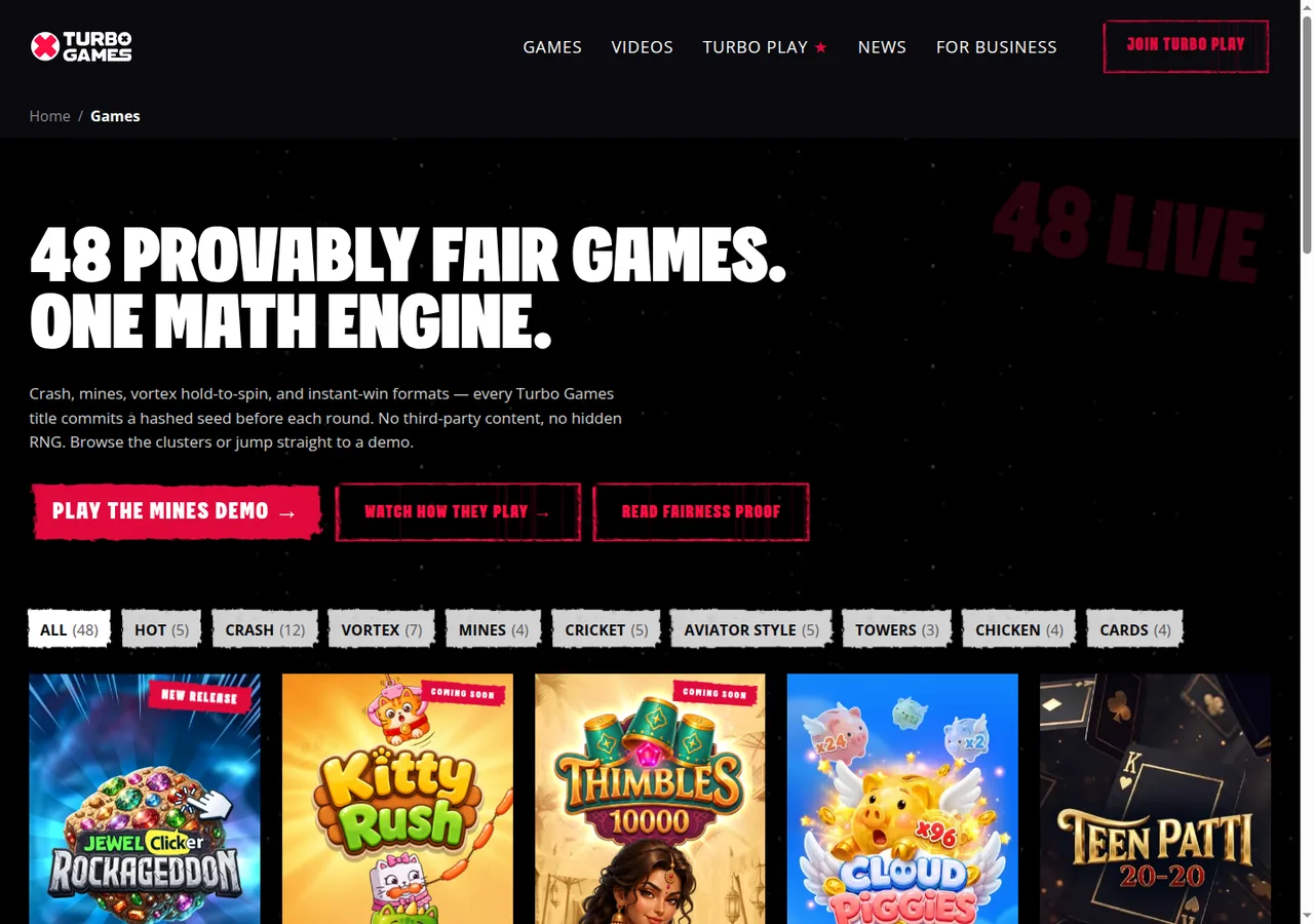Die Spieleübersicht des Studios Turbo Games mit Turbo Plinko im Katalog.